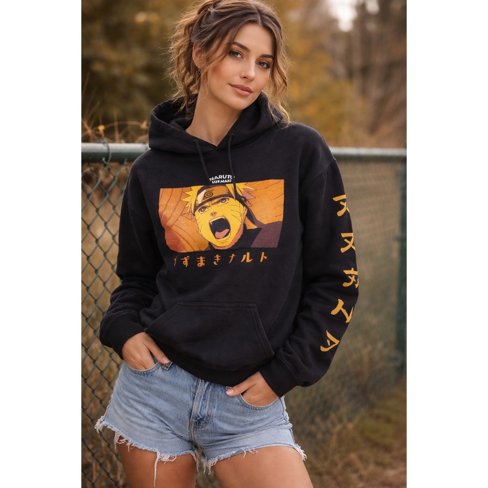 Naruto Shippuden Uzumaki Graphic Hoodie‎ Black Kanji Sleeve Print Small